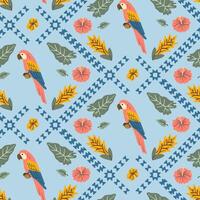 Seamless tropical pattern with colorful macaws, hibiscus flowers, palm leaves, and ethnic geometric elements on a light blue background. vector
