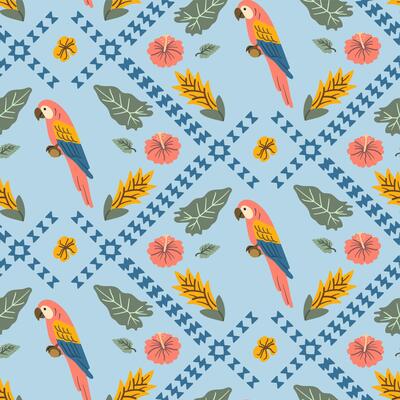 Seamless tropical pattern with colorful macaws, hibiscus flowers, palm leaves, and ethnic geometric elements on a light blue background.