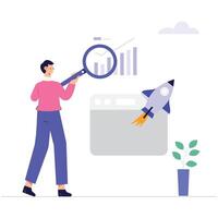 Man Holding Magnifying Glass Looking at Rocket Startup, 2D Illustration for Business Growth and Exploration vector