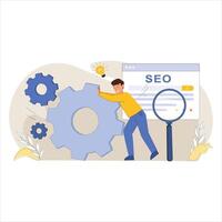 Man Working on SEO Gears with Magnifying Glass, 2D Illustration for Search Engine Optimization and Digital Marketing vector
