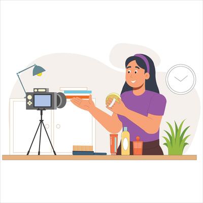 Women Podcast 2D Illustration, Woman Holding Camera for Live Streaming and Content Creation
