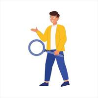 Man Standing with Magnifying Glass, 2D Illustration for Exploration and Search Concept vector