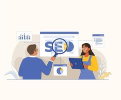 Cartoon Character Working on SEO Business, 2D Illustration for Digital Marketing and Optimization vector
