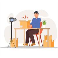 2D Podcast Illustration of Man Sitting at Desk with Camera and Equipment for Content Creation vector