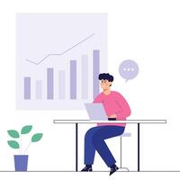 Man Sitting at Desk with Laptop and Chart, 2D Illustration for Office Work and Business Analysis vector