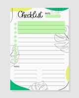Summer Checklist with monstera leaves. Template for print, planner, diary, shopping, organizer, to do list, notes. vector