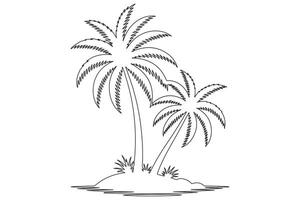 Tropical island line art with palm tree simple drawing vector