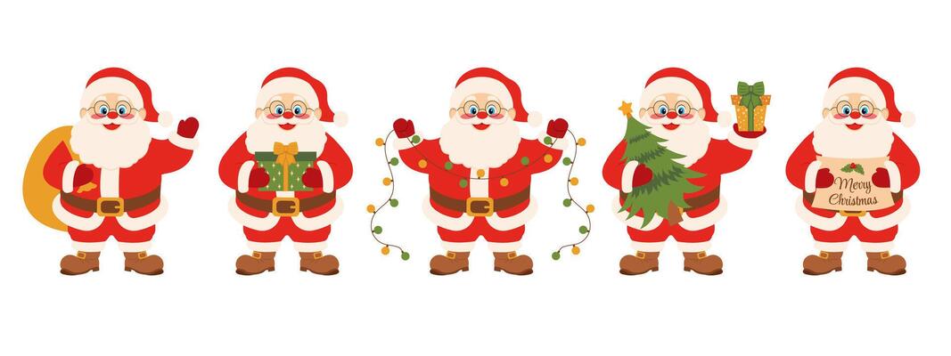 Santa Claus character set. Santa Claus in different poses with gift, bag, tree, garland and sign.