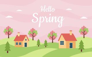 Background with spring landscape. Spring scenery with village. Background with spring season. vector