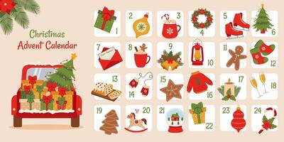 Christmas advent calendar. Advent calendar with christmas elements and illustrations. vector