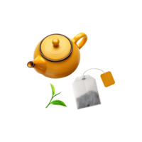 Yellow teapot with tea bag and tea leaf on transparent background png