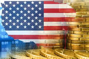 US America flag and map on stock investment trading with coin and graph. photo