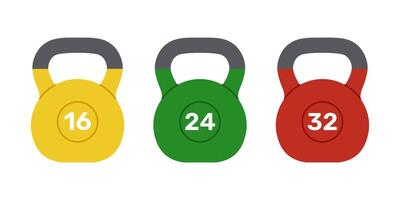 Standard kettlebells set weighing 16, 24 and 32 kilograms. Yellow, green and red weights for kettlebell lifting sport. Fitness equipment. Flat illustration isolated on white background vector