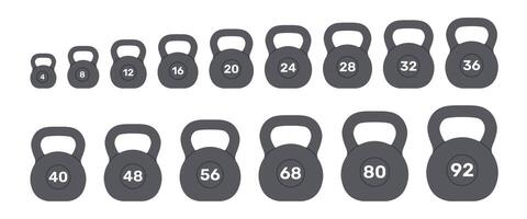 Set of kettlebells of different sizes and weights. Weight for fitness and sport. Athletic equipment for strength exercises, muscle training. Flat illustration isolated on white background vector