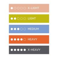 Set of fitness bands with different resistance levels x-light, light, medium, heavy and x-heavy. Equipment for strength exercises. Home and gym training. Flat illustration isolated on white vector