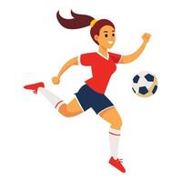 A woman in red and blue soccer uniform is kicking the ball vector