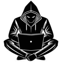 An image of a person in a hoodie sitting on the floor with a laptop vector