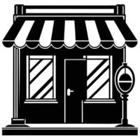 A black and white illustration of a shop front vector