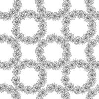 A bunch of daisy flowers arranged in a neat, circular pattern. Each flower is drawn with delicate thin lines, giving them a simple and minimalist vibe. Seamless pattern background for textile design vector