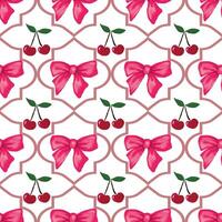 Pink coquette bows and clusters of tiny red cherries with green leaves, seamless pattern.The bow and cherry designs are evenly spaced, for wrapping paper or fabric vector