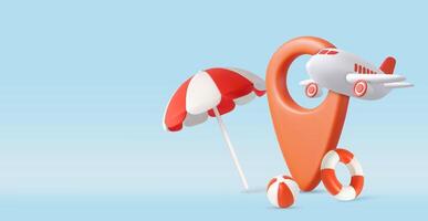 3D Travel Location Pin with Airplane and Beach vector