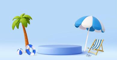 3D Summer Beach Scene with Palm and Umbrella vector