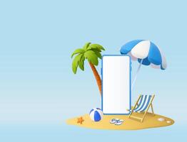 3D Summer Beach Scene with Smartphone Display. vector