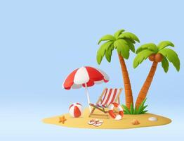 3D Tropical Vacation Scene with Red Umbrella vector