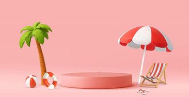 3D Summer Beach Scene with Palm and Umbrella. vector