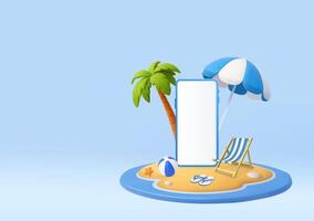 3D Summer Beach with Smartphone Display. vector