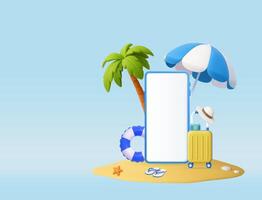 3D Summer Vacation Background with Smartphone Frame. vector