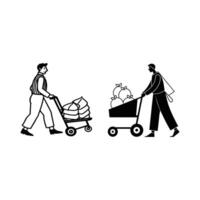Two figures pushing loaded handcarts through a market setting. vector