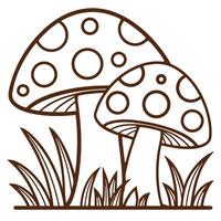 Two whimsical mushrooms in a grassy field, perfect for coloring books. vector