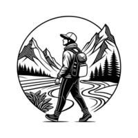 A man with a backpack and a mountain in the background. vector