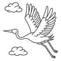 A stylized line drawing of a crane in flight against a sky with clouds. vector