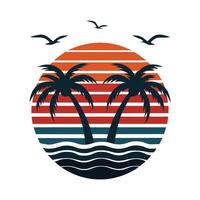Retro Sunset Beach Scene with Palm Trees. vector