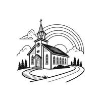 Classic chapel building sketch with rainbow in nature background. vector
