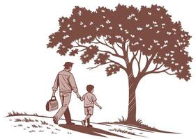 Minimal Illustration of Father and Son Holding Hands Under Tree vector