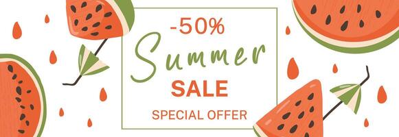 A horizontal banner for the Summer Sale with Watermelon slices and umbrellas for Drinks. Summer Watermelon Background with a place for text. Poster, postcard, web banner, flyer, advertising brochure. vector