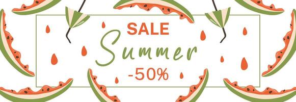 Summer Sale design with Watermelon slices and drops of fruit juice. A horizontal Banner for an advertising campaign, an invitation to watermelon day. illustration template. vector