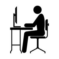 icon of a person working on a desktop computer using a chair and desk vector