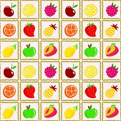 Geometric pattern with berries and fruits in a cage. Summer cute, fruity and berry background.
