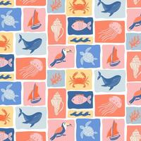 Marine pattern in patchwork style. Marine retro background. vector