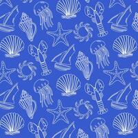 Marine pattern in retro style with marine attributes on a blue background. vector