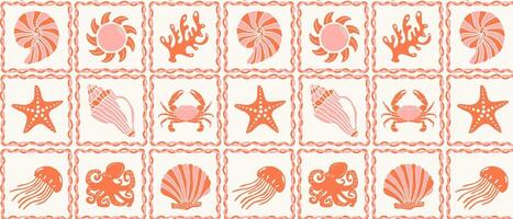 Marine geometric pattern with shells, jellyfish, sun. Summer pastel background. vector