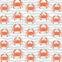 Summer striped pattern with crabs and waves hand drawn. vector