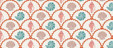 Summer geometric pattern with shells. Marine retro background with shells in cells. vector