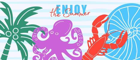 Abstract summer poster in art doodle style with hand drawn shells, lobster, octopus and palm tree. Trendy summer bright design for branding, advertising. vector