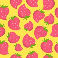 Bright pattern with juicy strawberries on a yellow background. Summer berry strawberry background. vector