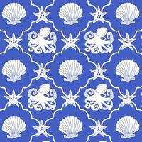 Geometric sea pattern with octopus on blue background. Summer retro print. vector